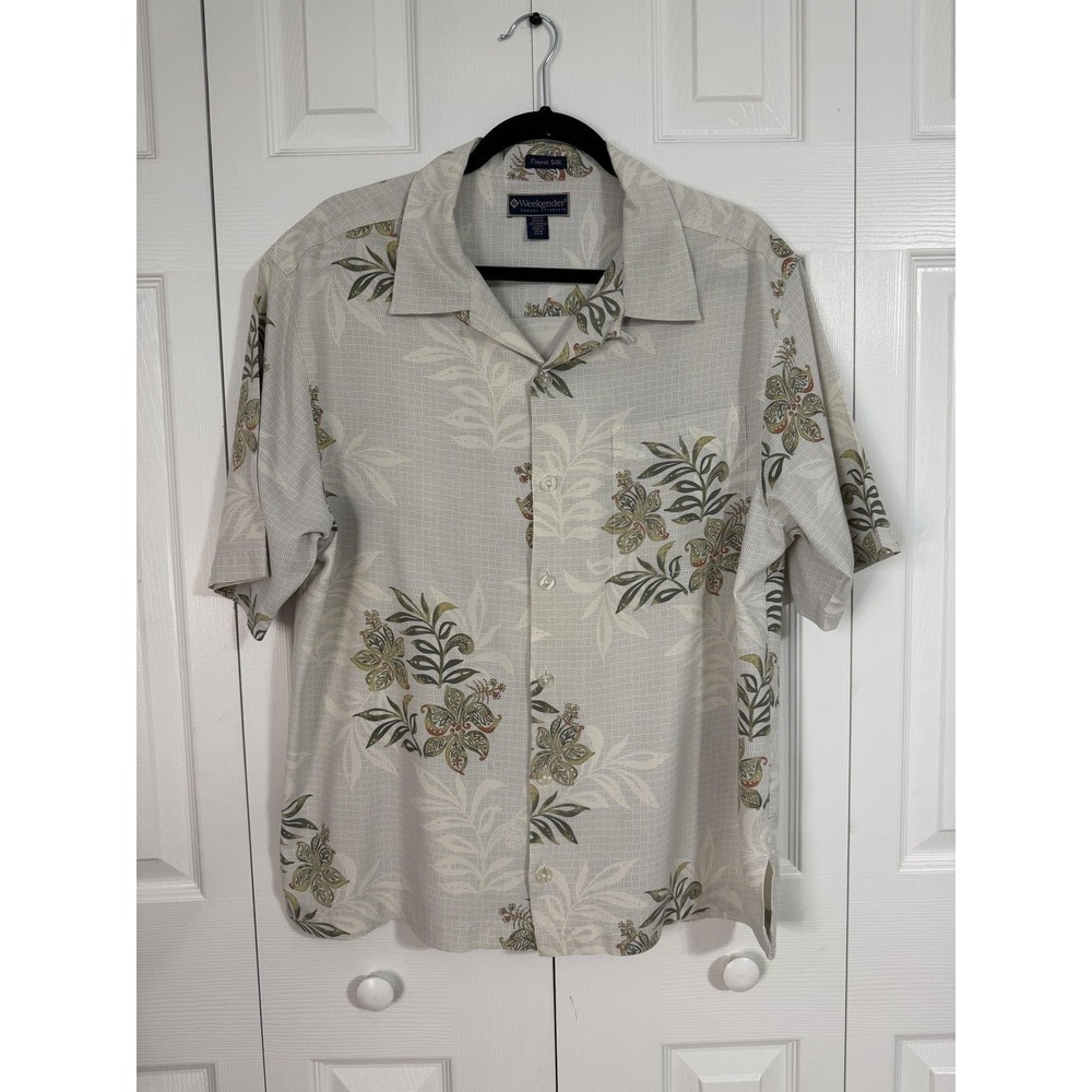 Weekender Shirt Mens L White Silk Hawaiian Floral Short Sleeve Button Up Casual